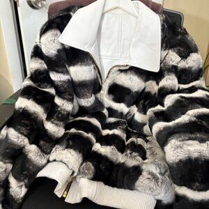 Reversable Chinchilla Style Rabbit White & Black Leather Jacket